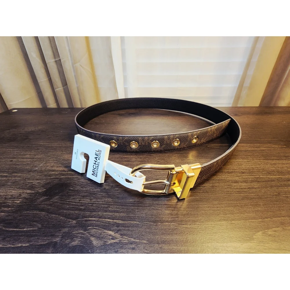Michael Kors Women REVERSIBLE LEATHER Logo Belt SZ M MEDIUM Dark Brown & Black